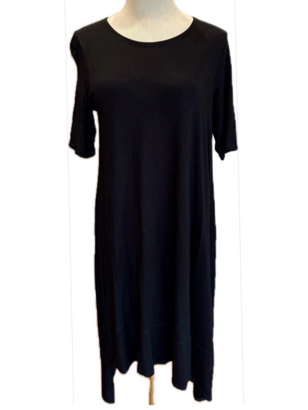 Eileen Fisher NWOT Black Viscose/Spandex Handkerchief Hem Straight Dress XS